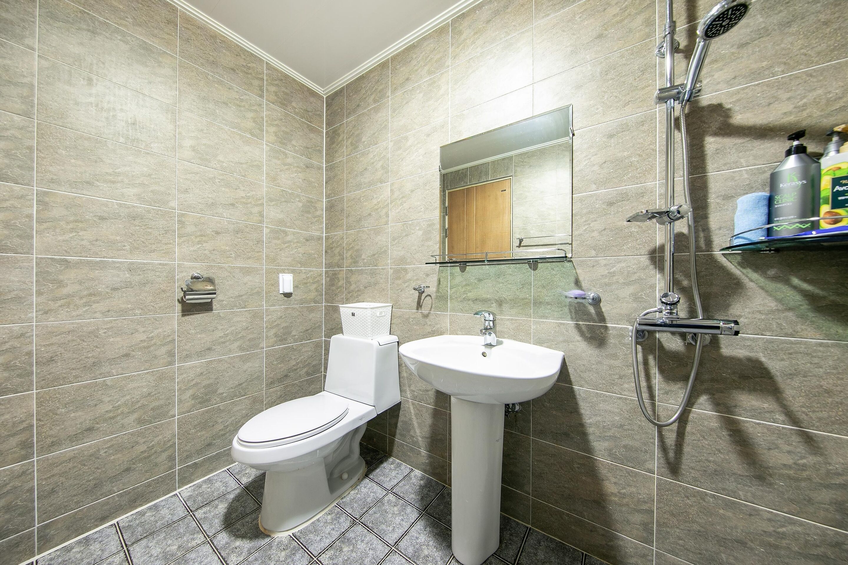 Une salle de bain avec des toilettes, un lavabo et une douche.