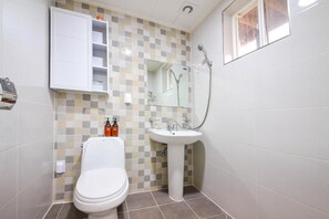 Un baño con inodoro, lavabo, espejo y ducha.