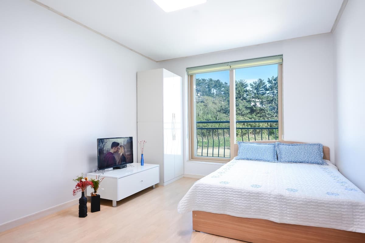 A bedroom with a bed, a TV, a white dresser, and a window with a view of trees.