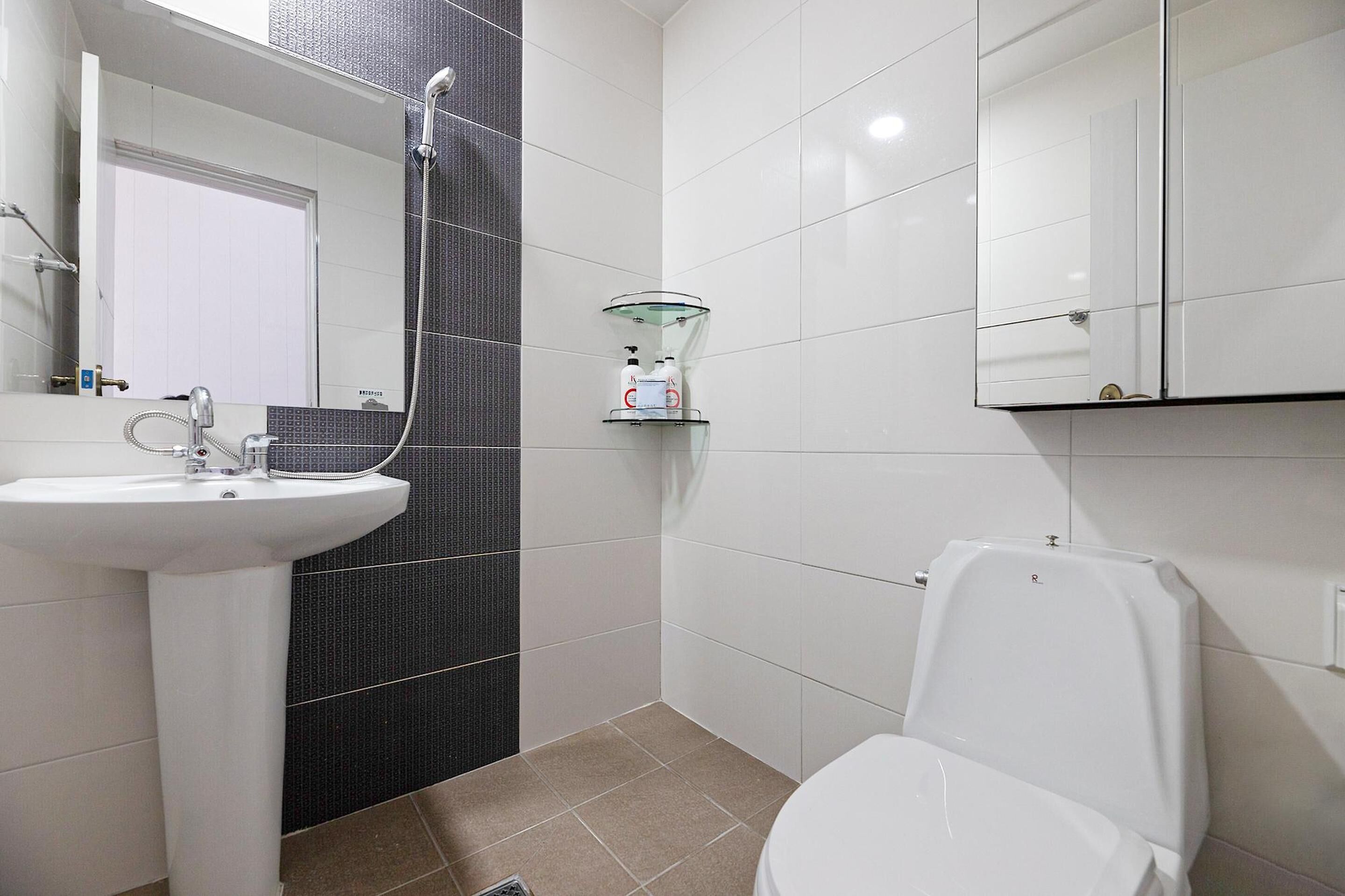 A modern bathroom with a white sink, a glass shower enclosure, a toilet, and a mirror above the sink.