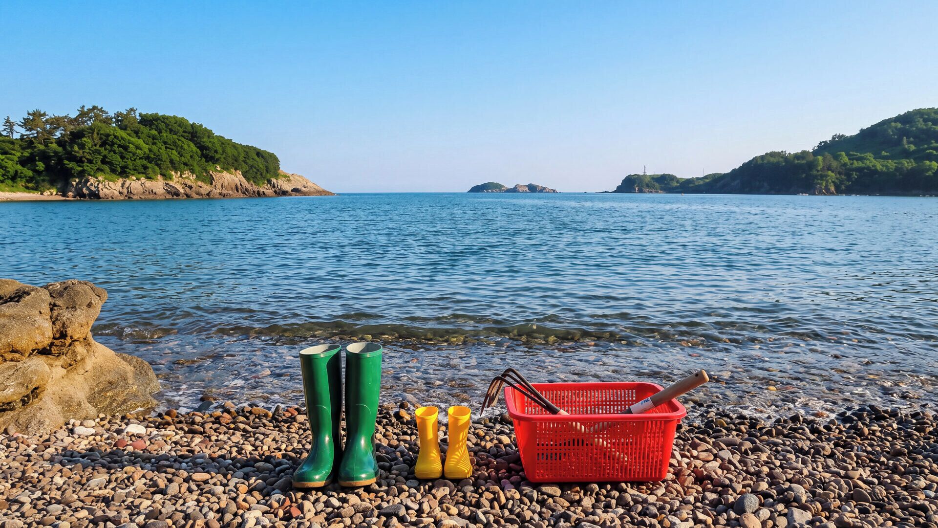 A pebbled beach with green and yellow rubber boots, a red basket, and fishing rods.