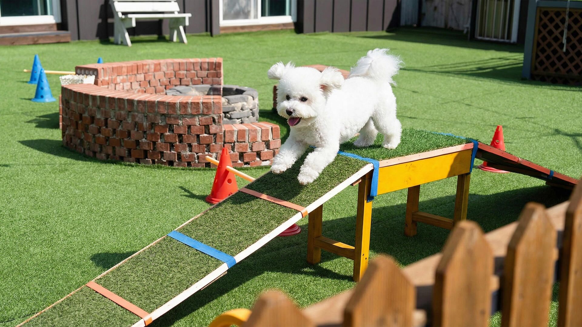 A small dog on a grassy area with a brick structure and a wooden obstacle course.