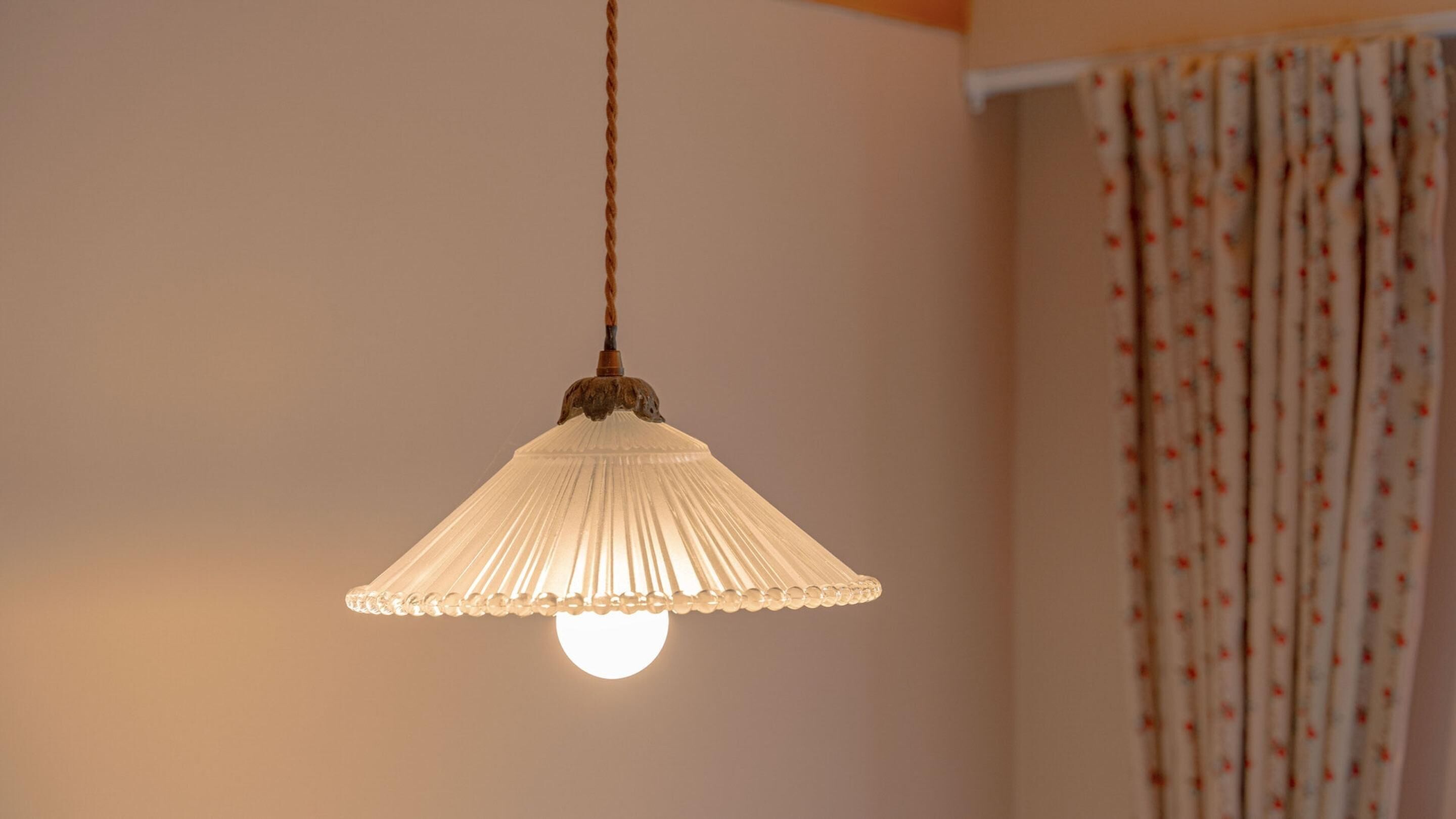A hanging lamp with a white shade and a visible bulb.