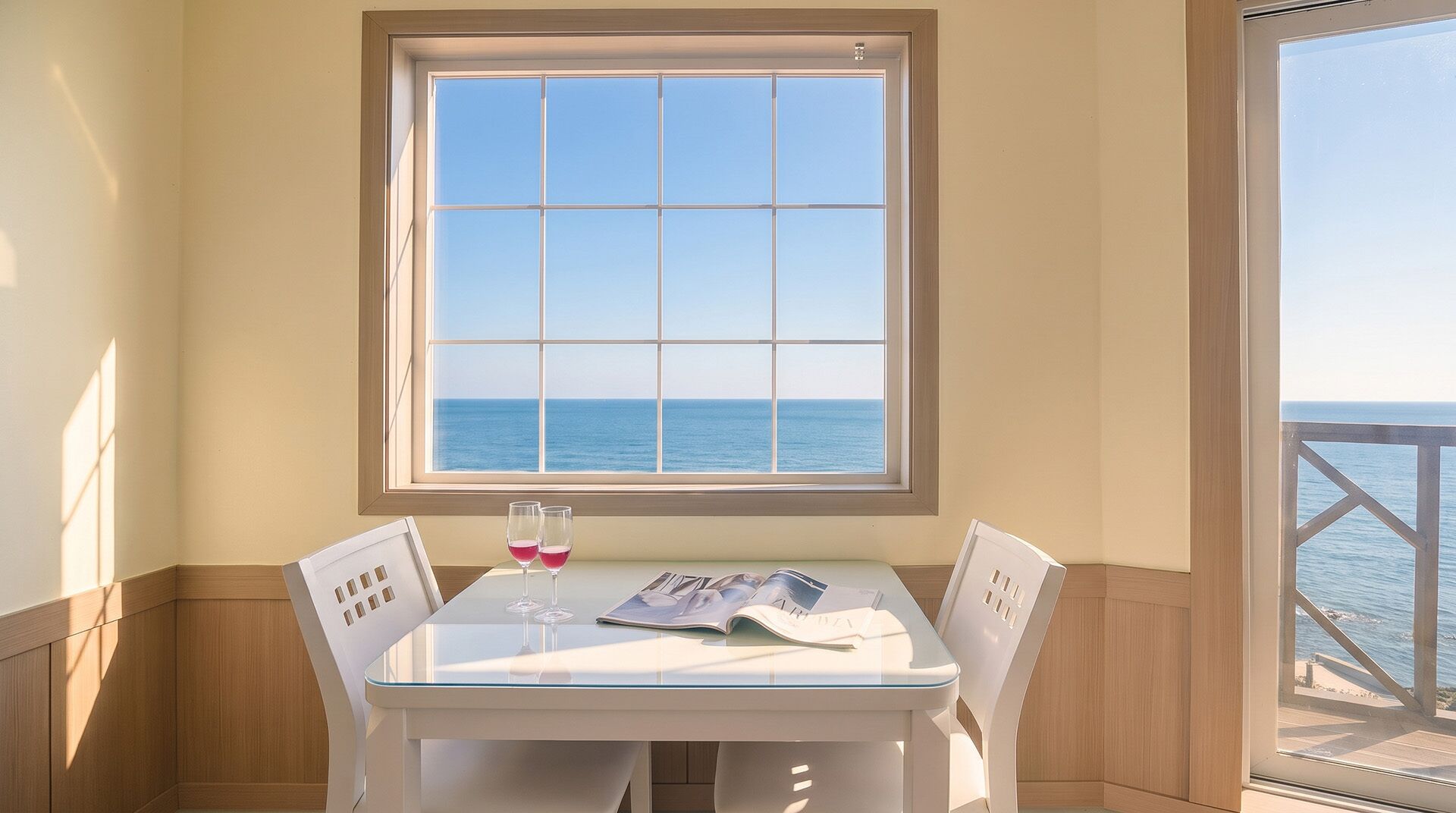 Habitación de esquina con un amplio ventanal con vista al mar, una mesa de vidrio con dos sillas y una revista.