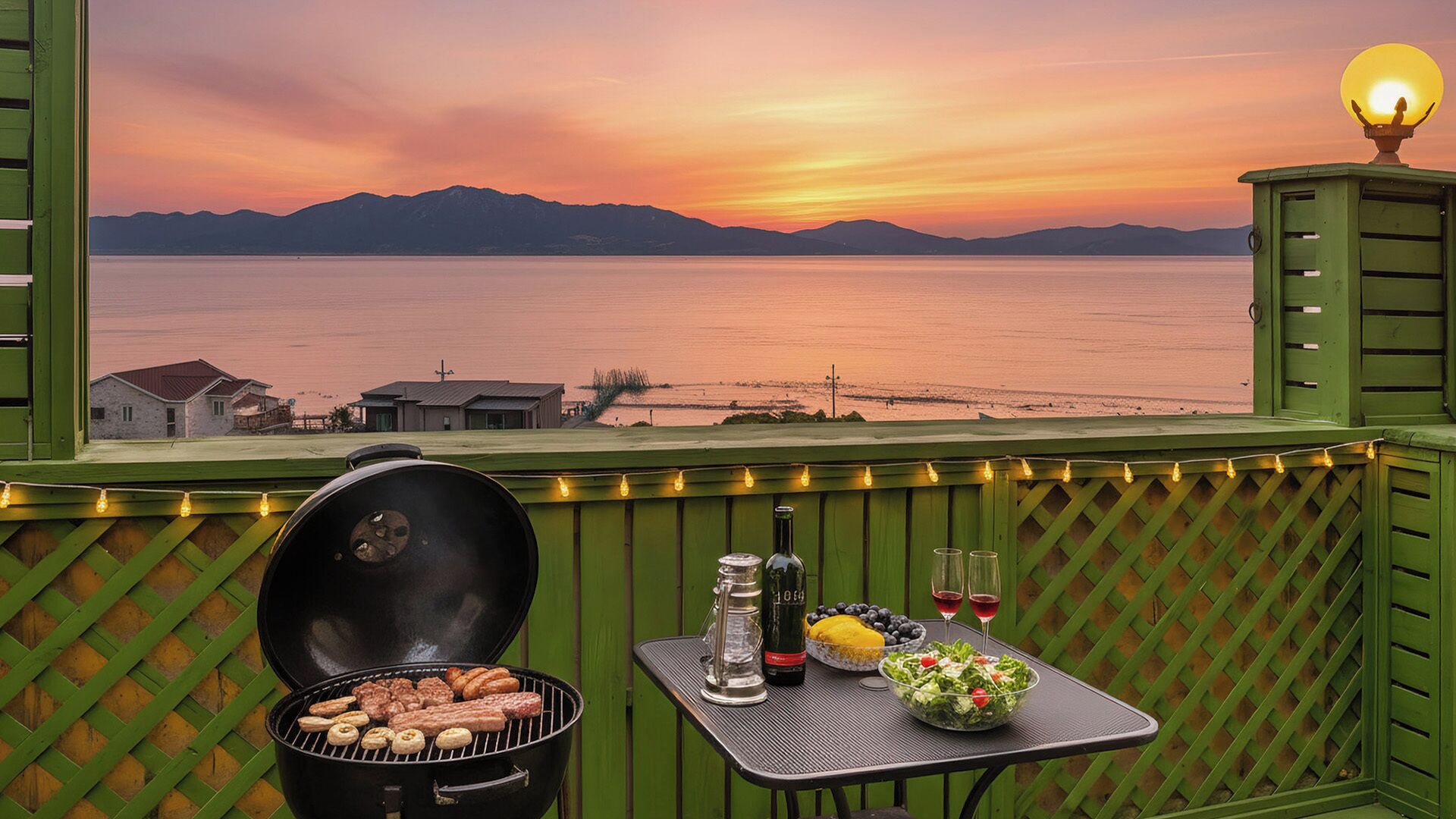 En balkon med grill, et bord med drikkevarer og en smuk udsigt over solnedgangen over vandet.