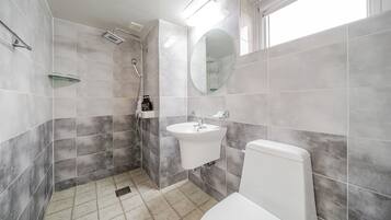 Et moderne badeværelse med bruser, vask, toilet og spejl.
