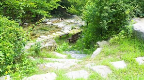 A natural outdoor setting with a clear stream, rocks, and a wooden bench. - Hwacheon Parprika Yellow Pension (Hwacheon)