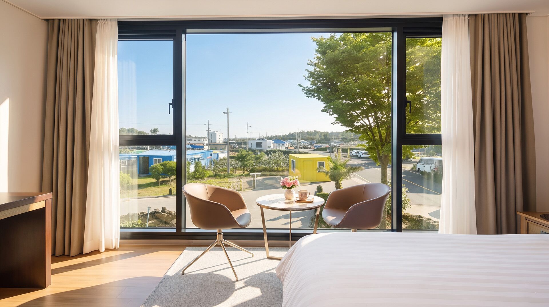 A hotel room with a large window, a bed, two chairs, and a small table.