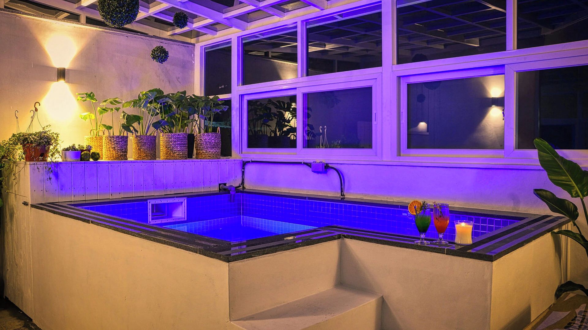 Una piscina con borde de baldosas, rodeada de macetas con plantas y una ventana con vistas.