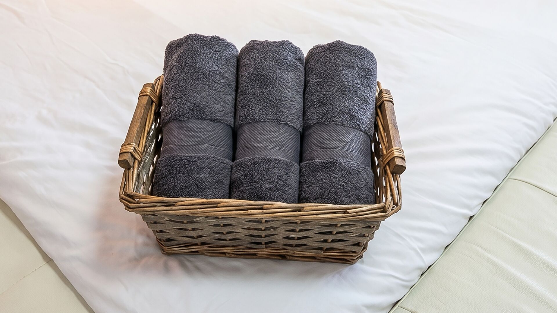 Ein Korbbett mit aufgerollten Handtüchern auf einem Bett.