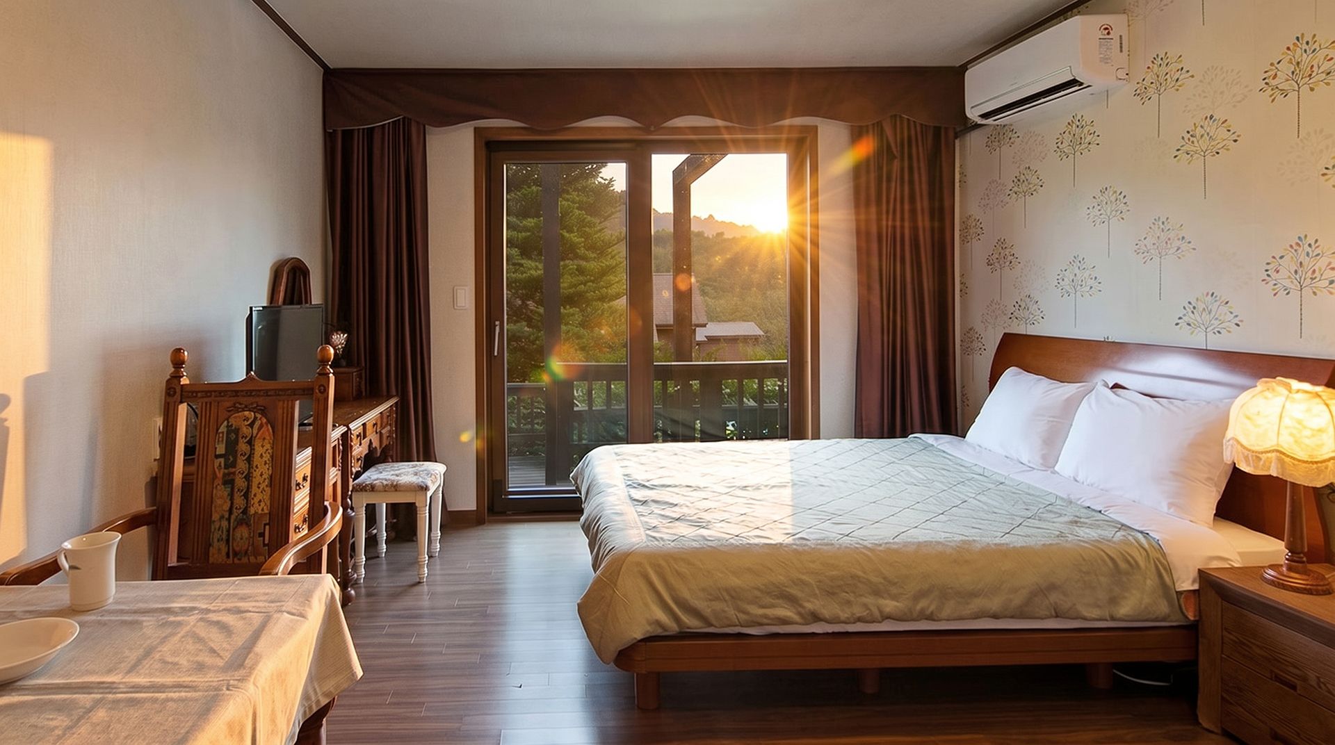 Habitación de hotel con cama, escritorio, silla, una mesita y balcón con vistas.