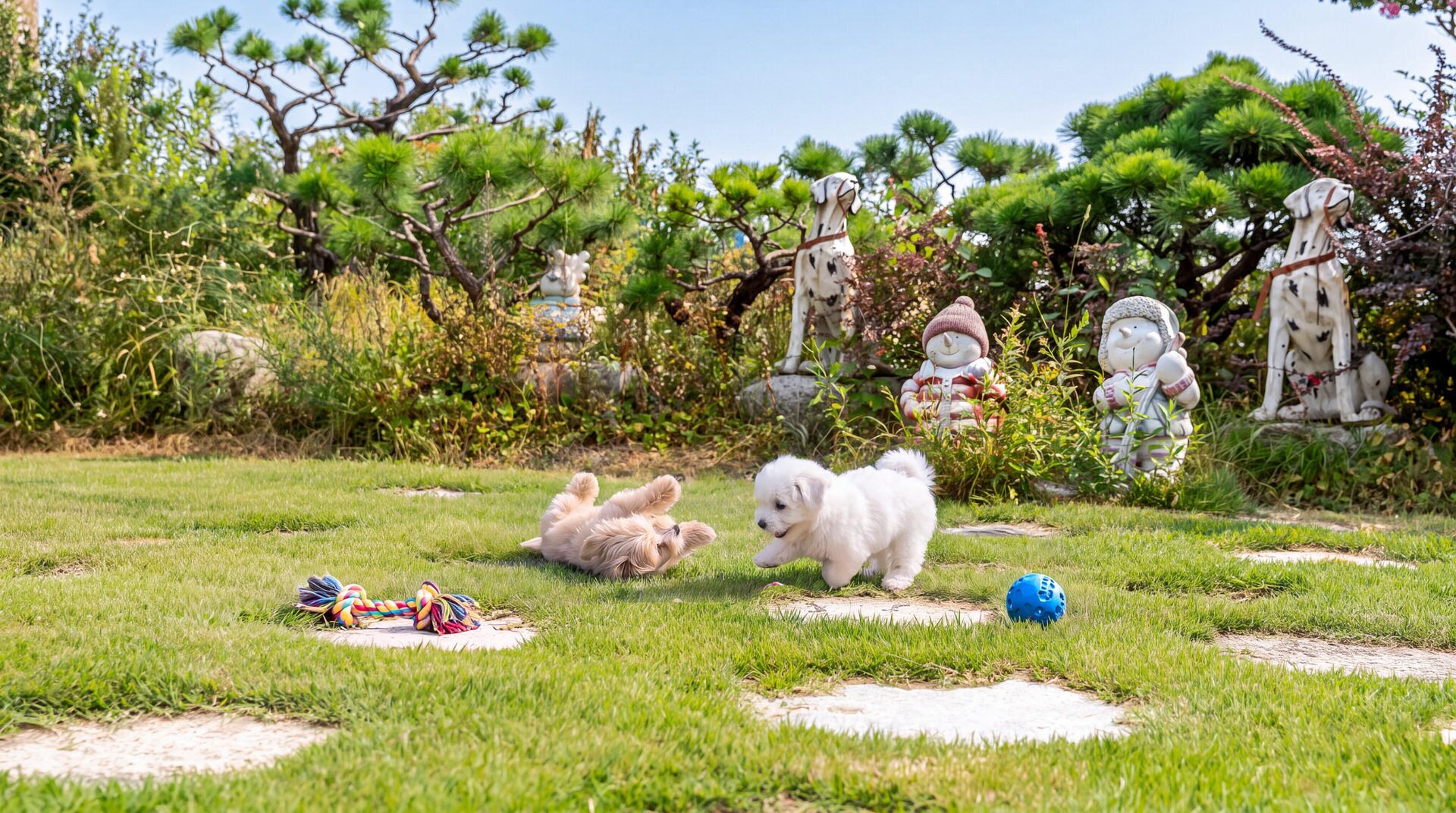 A grassy area with a white dog, a blue ball, and a colorful rope toy.