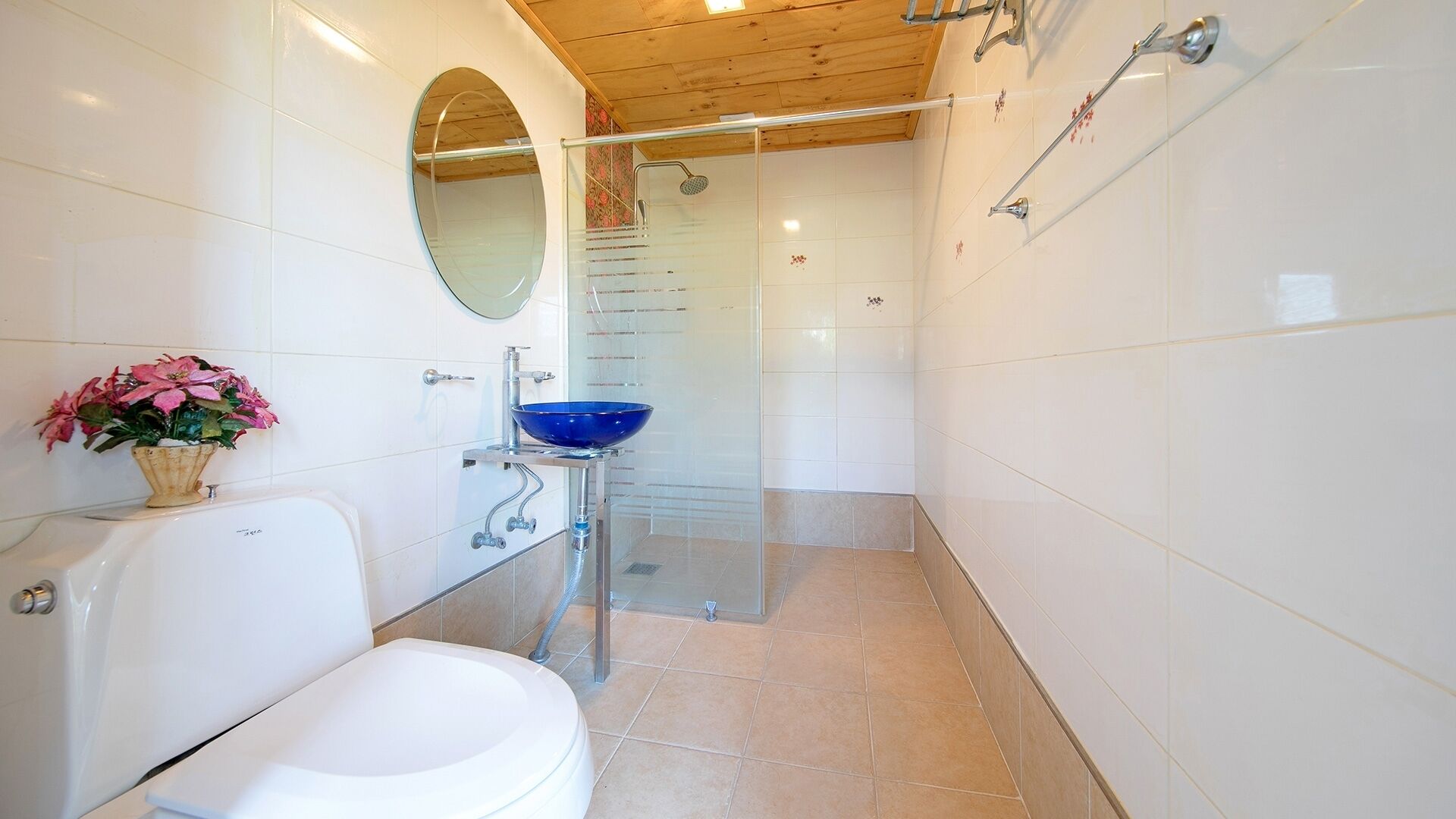 Une salle de bain avec des toilettes blanches, un lavabo bleu, une cabine de douche en verre et un plafond en bois.