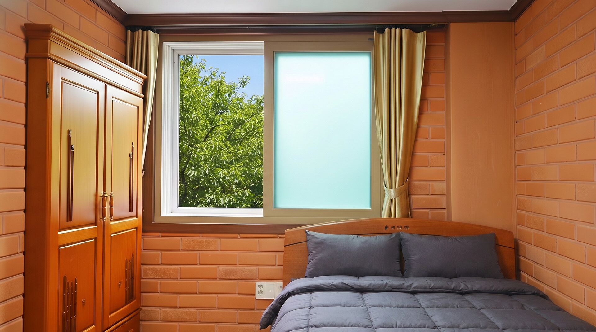 A bedroom with a window, a bed, and a wardrobe.