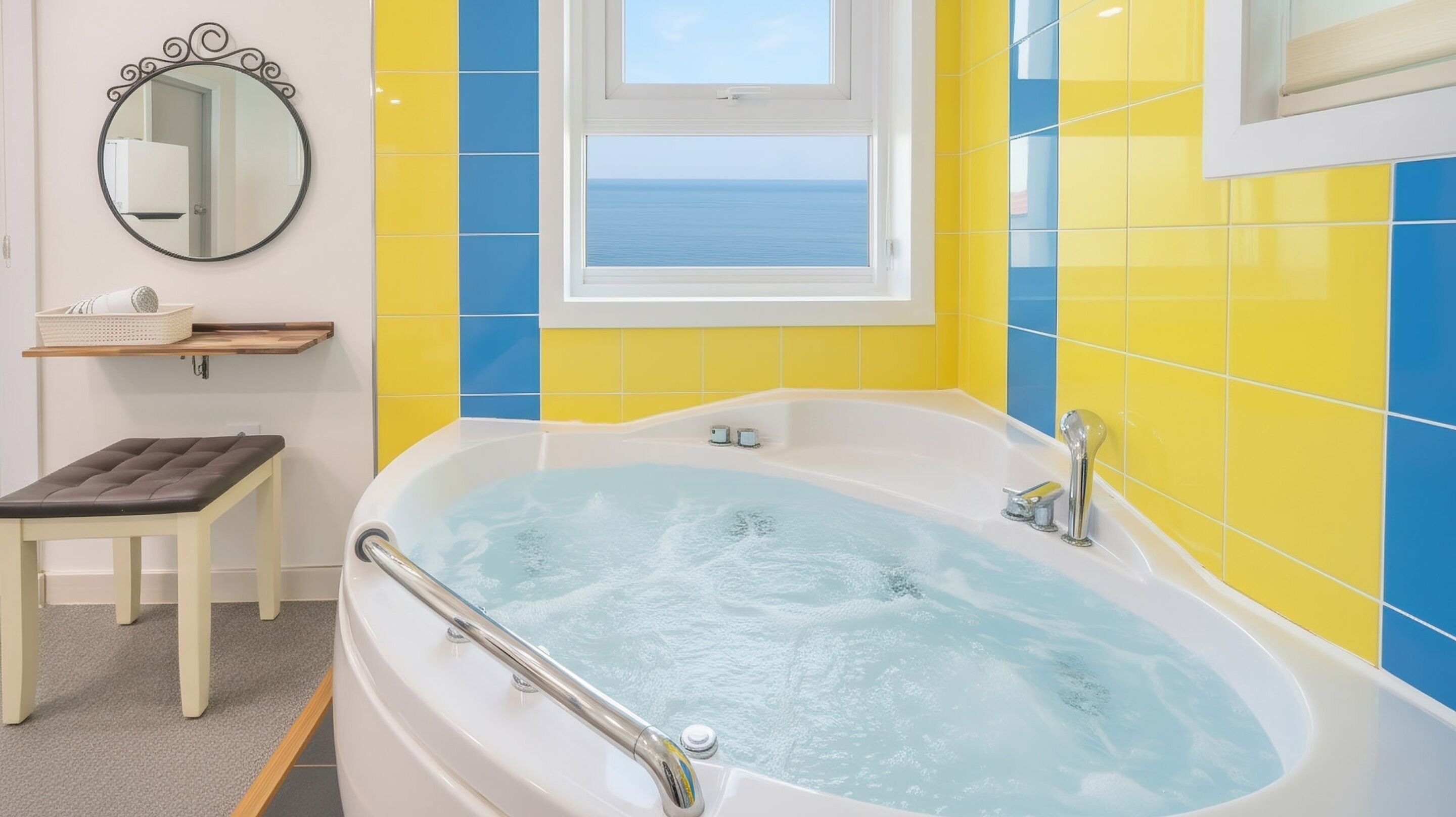 A bathroom with a bathtub, a bench, a mirror, and a window with a view of the sea.