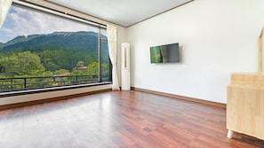 Une pièce dotée d’une grande fenêtre, d’un plancher en bois, d’un radiateur et d’un téléviseur fixé au mur.