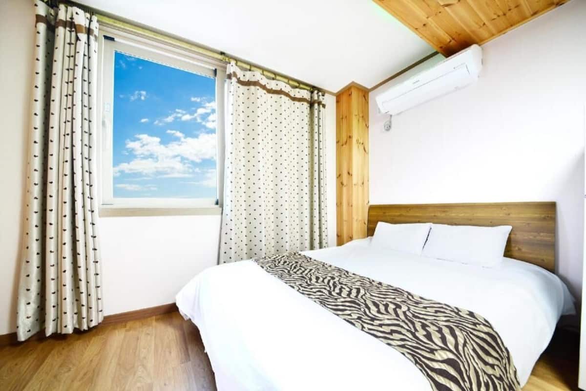 Une chambre à coucher avec un lit, des rideaux, une fenêtre et un appareil de climatisation.