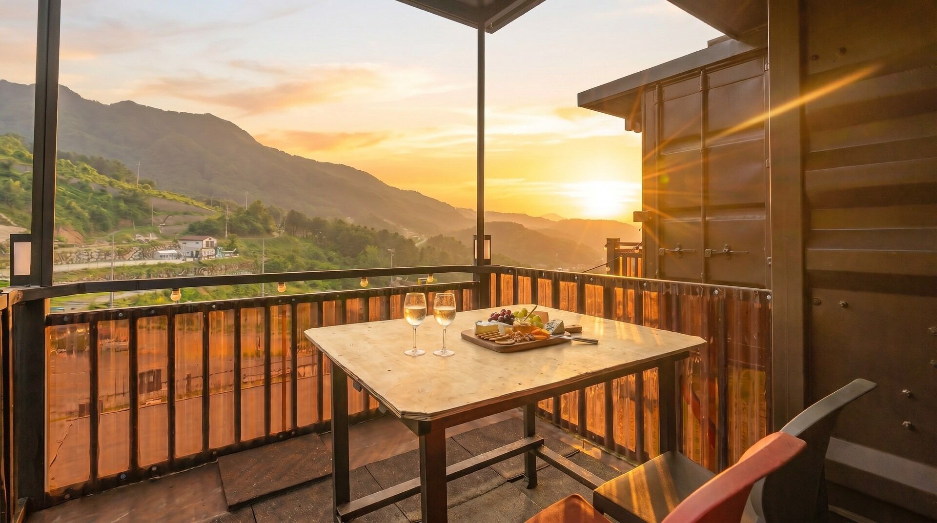 A balcony with a table set for two, a chair, and a scenic mountain view at sunset.