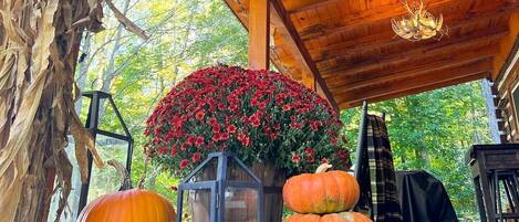 A wooden porch with a large lantern, a decorative flower arrangement, and pumpkins.