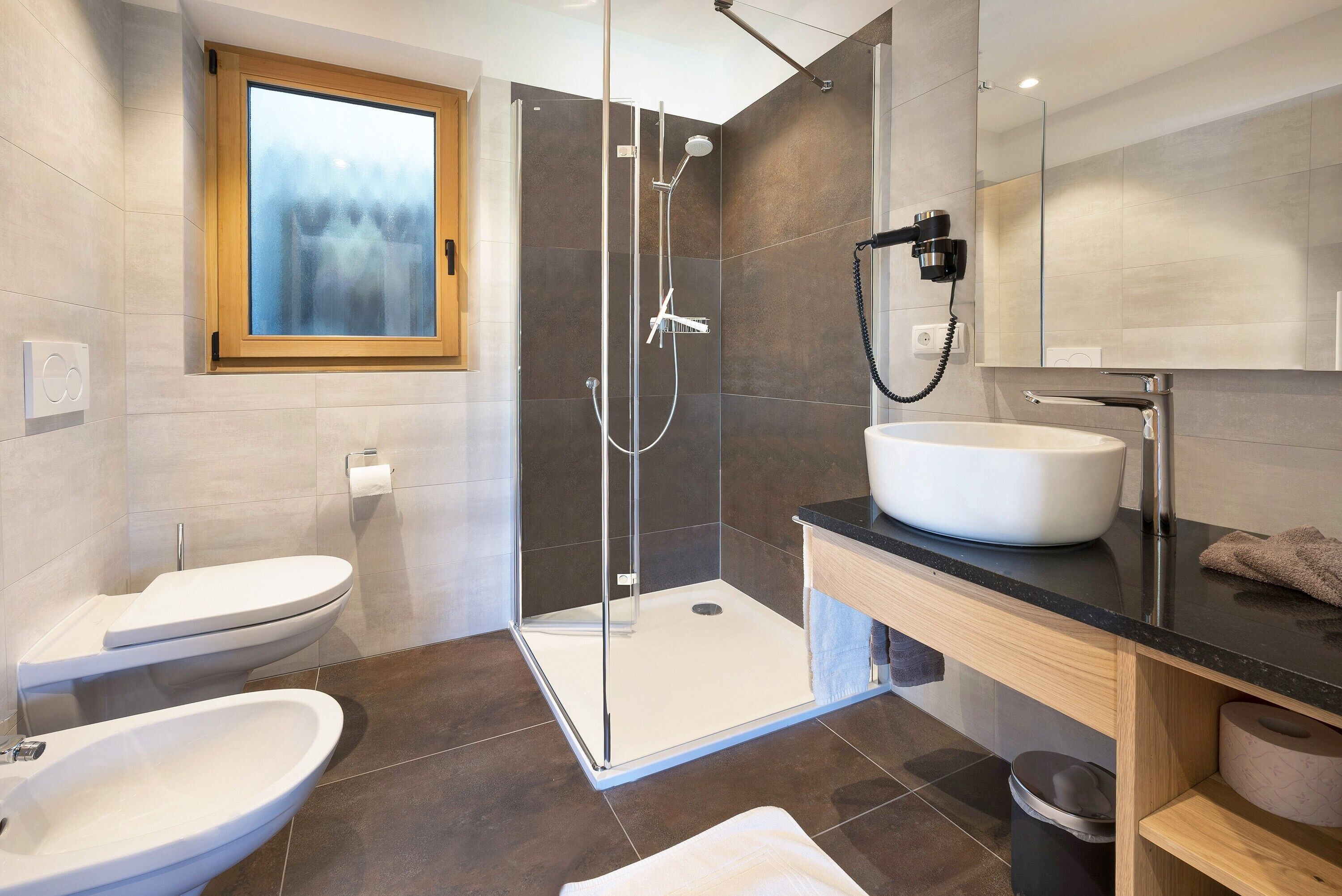 Shower, hair dryer, towels