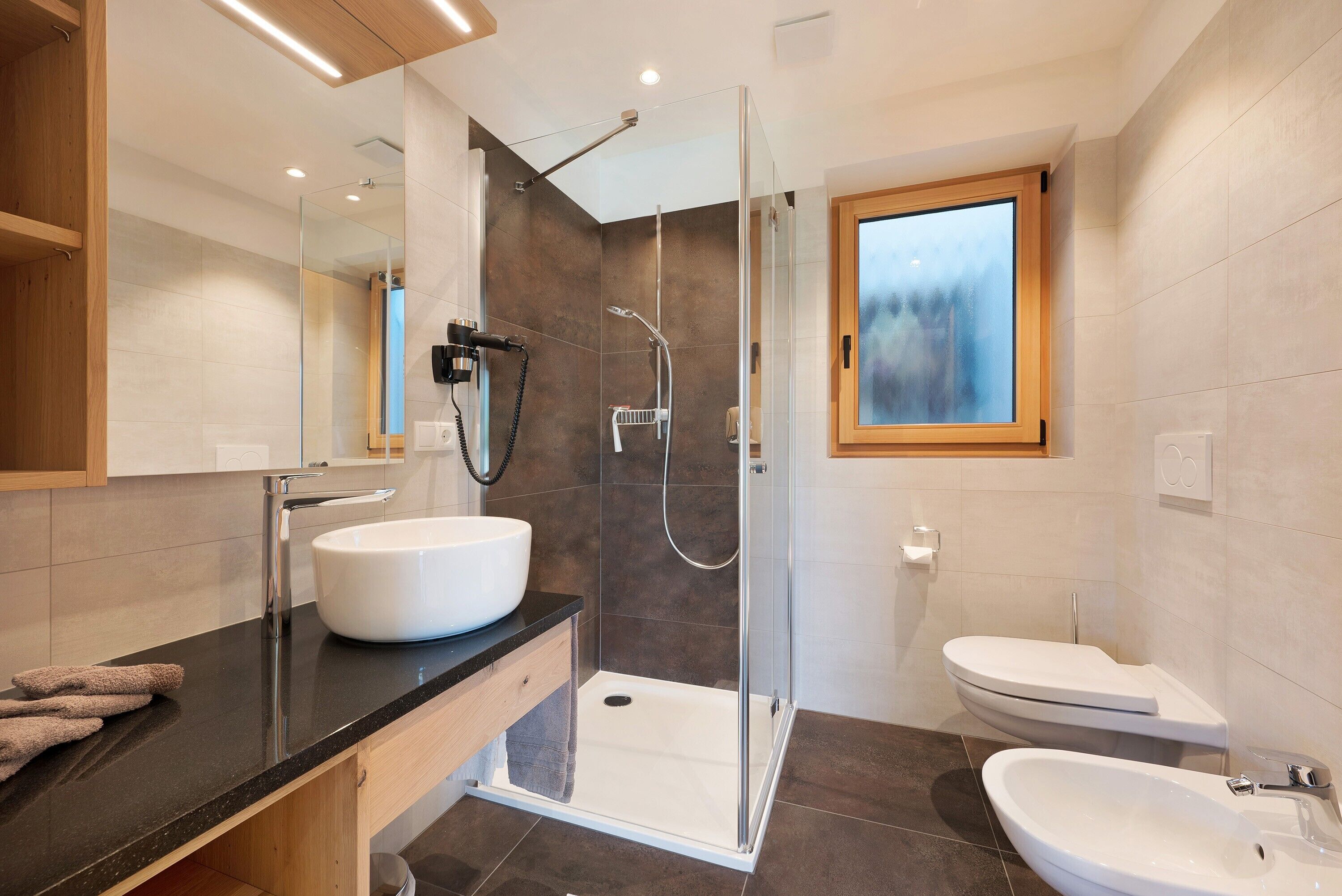 Shower, hair dryer, towels