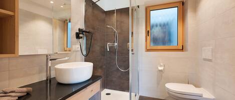 Shower, hair dryer, towels