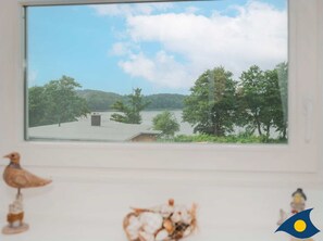 A view through a window of a building with a flat roof, surrounded by trees and a body of water.