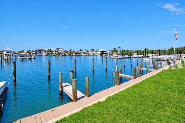A marina with docked boats, a grassy area, and a clear blue sky.
