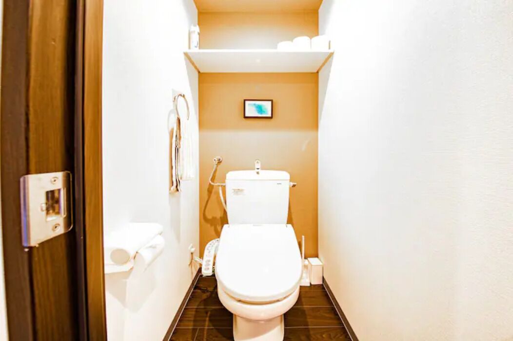 A narrow bathroom with a toilet, a small shelf above it, and a door on the left.
