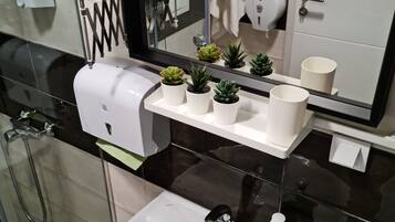 Dusche, Haartrockner, Handtücher, Seife