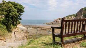 A bench overlooking a coastal landscape with cliffs and a beach. - Ochenta (Ilfracombe)