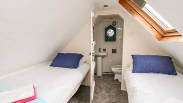 A small, compact room with two single beds, a shared bathroom, and a skylight.