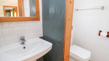 A bathroom with a white sink, a toilet, and a mirror.