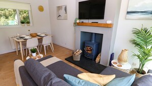 Una sala de estar moderna con sofá, chimenea, zona de comedor y televisor montado en la pared.