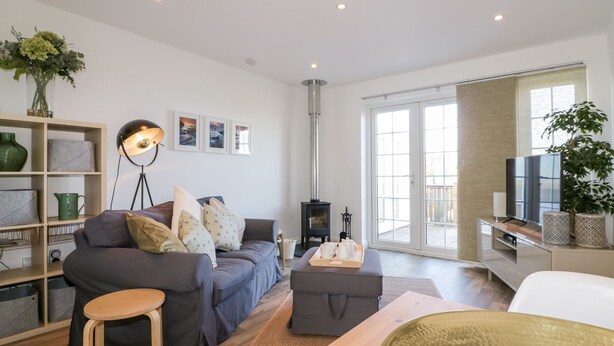 A modern living room with a sofa, ottoman, and a coffee table. There is a bookshelf, a floor lamp, and a fireplace. - Badgers Way (Tintagel)