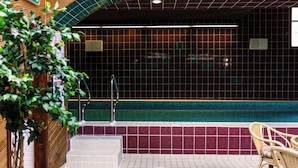 A pool area with a tiled wall, a chair, and a plant.