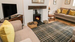 A living room with a fireplace, a television, a sofa, and a plaid rug.