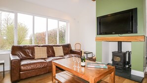 Una sala de estar con un sofá de cuero marrón, una mesa de centro de madera, un televisor montado en una pared verde y un estufa de leña.