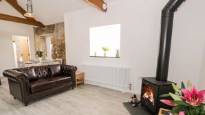 A cozy living room with a leather sofa, a fireplace, and a window with plants.
