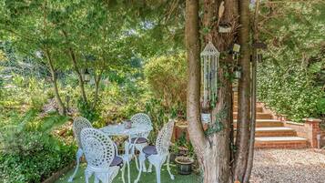 An outdoor seating area with white chairs and a table, surrounded by lush greenery and a tree with a birdhouse.
