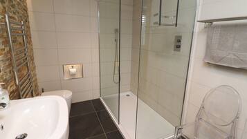 A modern bathroom with a glass-enclosed shower, a white sink, and a toilet.