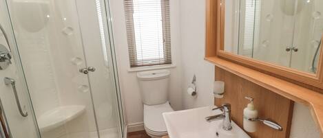 A bathroom with a glass-enclosed shower, a toilet, and a sink with a wooden vanity.