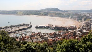 A coastal town with a marina, beach, and historic buildings. - Seafarers (Scarborough)
