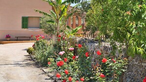 A garden with red and pink flowers, a stone wall, and a building with a window and a bench. - Ballester 034 fantastic finca with private pool, large terrace, barbecue and air conditioning (Santa Margalida)