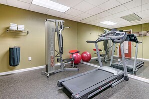 A gym with treadmills, a weight machine, and exercise balls.