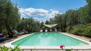 Une piscine rectangulaire bordée de blanc, entourée d’une végétation luxuriante et d’arbres. On y trouve des chaises longues recouvertes d’housse blanche et un espace ombragé au-dessus.