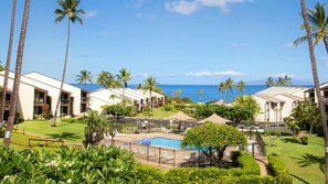 Un complexe hôtelier doté d’une piscine, de palmiers et offrant une vue sur l’océan.