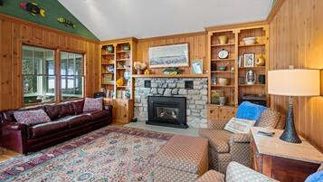 Smart TV, fireplace, books