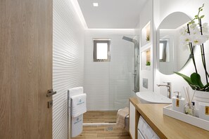 Douche, sèche-cheveux, serviettes fournies, savon