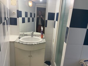 Bathroom features a sink, mirror, and glass shower door, with a tiled wall.